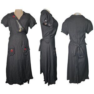 2110 Lucky 13 Apparel Black Wrap Maxi Dress Gun and Roses Embroidery Rockabilly